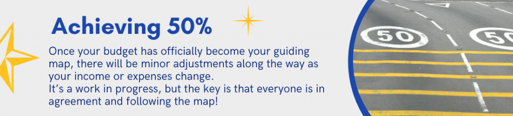 Achieving 50% - Once your budget has officially become your guiding map, there will be minor adjustments along the way as your income or expenses change. It's a work in progress, but the key is that everyone is in agreement and the following the map!
